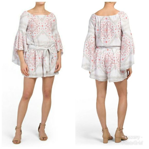Ebby and I Printed Boho Print White Pink Romper - Picture 2 of 7